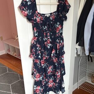Francesca's Navy Dress with Pink & Light Blue Floral Print